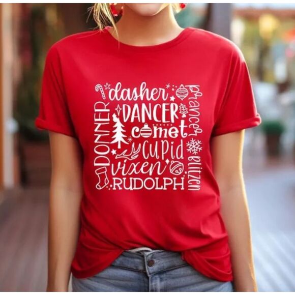 Tops - Women's Reindeer Name Collage Short Sleeve Holiday Christmas Graphic Tee- Small